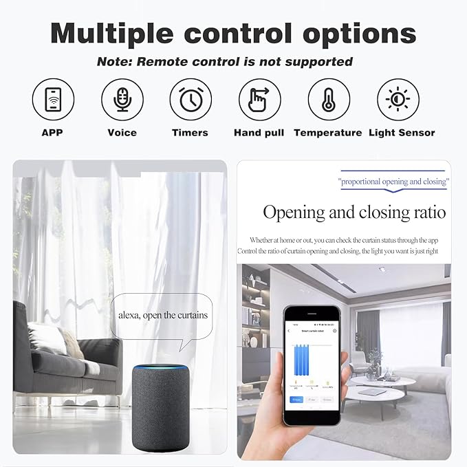 Smart Automatic Curtain Opener - Remote Controled by App/Timer/Voice,Upgraded High-Performance Motor, Automatic Light Sensor, Add Gateways, For Google Alexa, No Remote (Only for Roman Rod)
