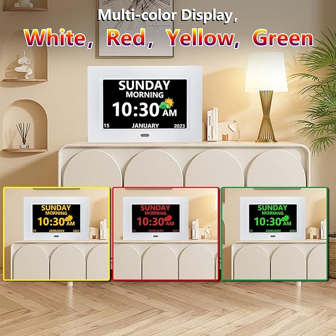 MRCHYDZ 7 Inch Clock with Day and Date for Elderly Large Display Digital Clocks 12 Alarm 3 Display Modes Large Font Alzheimer's Clock Alarm Clocks for Seniors Auto DST White