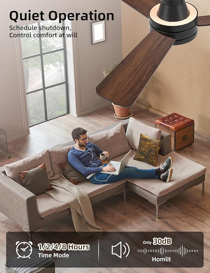 Homlit 42" RGB Ceiling Fan with Light, Music Sync Smart Fan with Alexa/Google/App Control, Low Profile Flush Mount, 6-Speed Quiet DC Motor, 4 CCT Dimmable Lighting for Bedroom Living Room, Black