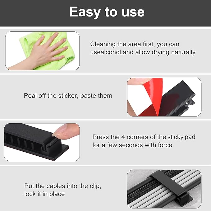 Halsouy Cable Management Clips, 20Pcs Cord Organizers Wire Clips Cord Holder for TV PC Ethernet Cable Desk Home Office (Black)