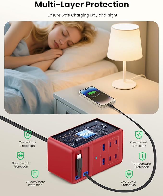 USB C Charger 275W Charging Station with Retractable Dual Cables,Upgraded 8-in-1 GaN IV Fast Charging Hub Block+PD QC PPS 65W Laptop Adapter for MacBook Pro/Air,iPad,iPhone 17/Pro,Galaxy S25,Dell(Red)