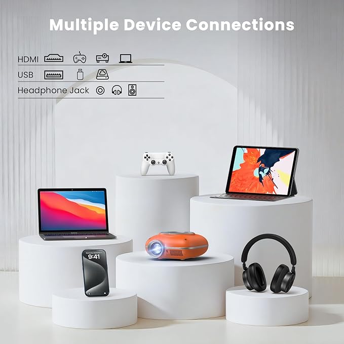 HOMPOW Mini Projector with Two -Way Bluetooth, Portable Projector for Home Theater Use, Support 1080P for Outdoor Projector/Movie Projector Compatible with HDMI, USB, Laptop, TV Stick (Orange)