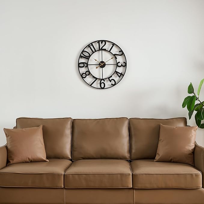 Alarmore Wall Clock, 14 in Small Wall Clocks Battery Operated, Vintage Retro Mid Century Decorative Metal Clock Silent Non Ticking for Living Room Decor-Black