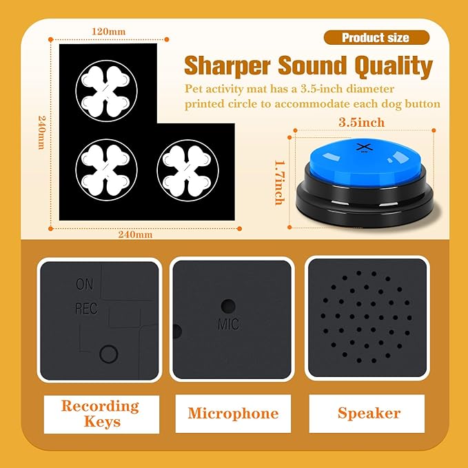 Dog Buttons for Communication Starter Pack 3 Dog Talking Button Set, 30s Voice Recording Speaking Button Pet Speech Training Buzzers with 30 Scene Stickers and Dog Button Mat for Animal Training