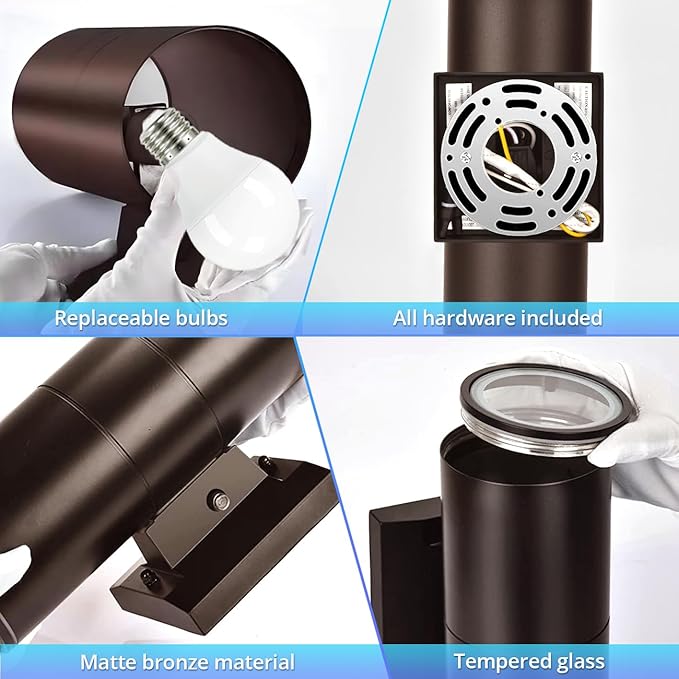 wowlite Modern Outdoor Wall Light with Dusk to Dawn Sensor 2 Pack, LED Cylinder Up Down Wall Light Outdoor 2700K Warm Light Bronze Exterior Light Fixture, IP65 Waterproof Wall Sconce for Porch Garage