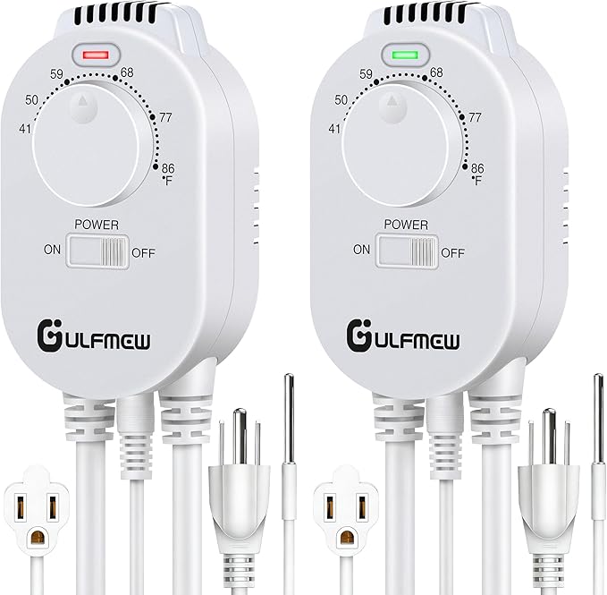 2 Pcs Plug in Thermostat for Heater, Thermostat Plug Outlet with 4.9FT Power Cord, Heating and Cooling Thermostats Outlet with Temperature Probe for Space Heater, Greenhouse Fan (White)