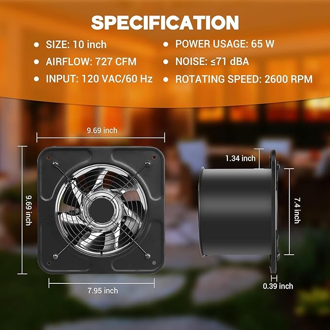 YOZON 10-Inch Kitchen Exhaust Fan with Switch, 727CFM Garage Exhaust Fan, Wall Mounted Vent Fan, Ventilation Fan with Backdraft Damper for Attic, Workshop, Window, Smoking Room