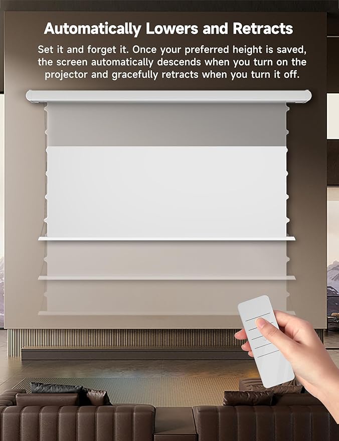 100" PureVision Motorized Projector Screen with Laser Speckle Reduction & Auto-Sync for Long Throw Projectors,Movie Screen 4K/8K UHD Ready,20" Adjustable Drop and Black Backing for Enhanced Contrast