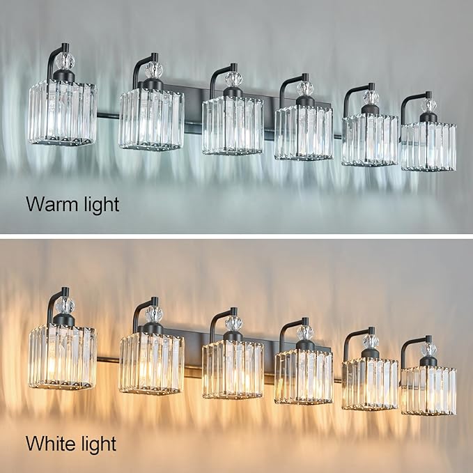 BBLLWJ 6 Light Bathroom Vanity Light Modern Black Vanity Light Fixtures Bathroom Light Fixtures Over Mirror Crystal Vanity Lighting Fixtures