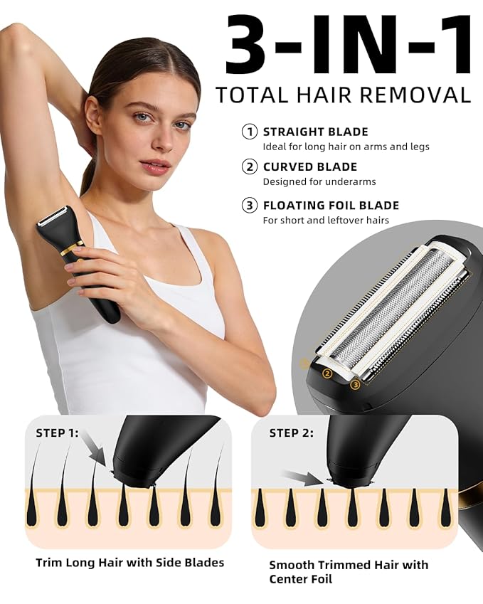 Ufree Body Hair Trimmer for Women, Manscape Pubic Hair Trimmer, 3 in 1 Body Grooming Kit for Lady, Waterproof Body Electric Shaver Razor, Grooming for Face and Body, Gifts for Women, Black