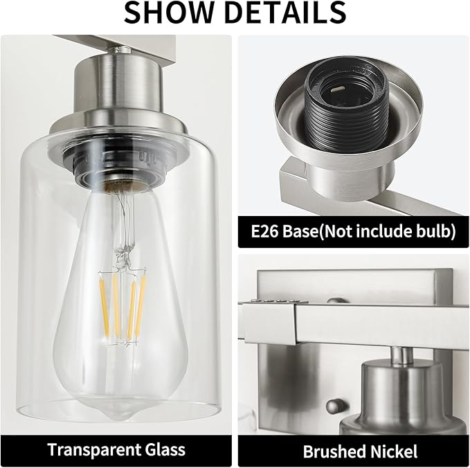 DIKAIDA Bathroom Vanity Light, 4-Light Nickel Modern Matte Wall Sconce Lighting with Clear Glass Shade, Wall Lights,Bath Vintage Wall Mounted Lamps for Mirror Bedroom Living Room