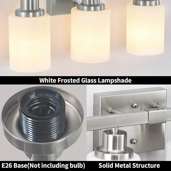 DIKAIDA Bathroom Vanity Light, 4-Light Nickel Modern Bathroom Light Fixtures with Milky White Glass Shade, Wall Lights,Bath Vintage Wall Mounted Lamps for Mirror Bedroom Living Room Hallway Cabinet
