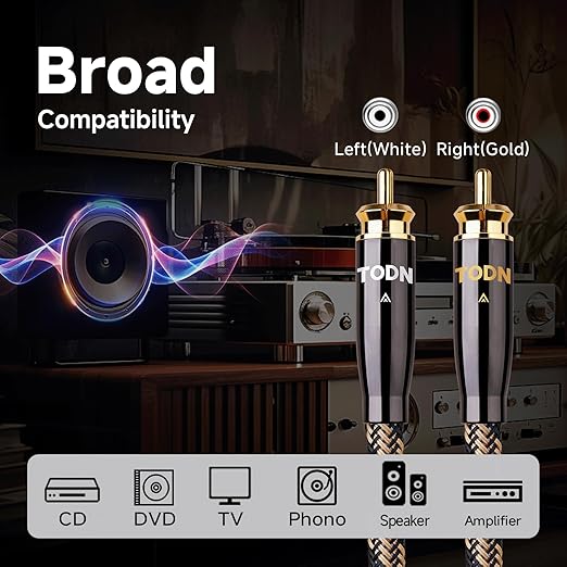 TODN Audiophile RCA Cables with OCC-Core and Dual Shielding Male to Male RCA Stereo Cable Car Audio for Turntables/CD/DVD Players (4.9ft/1.5m, 1 Pair)