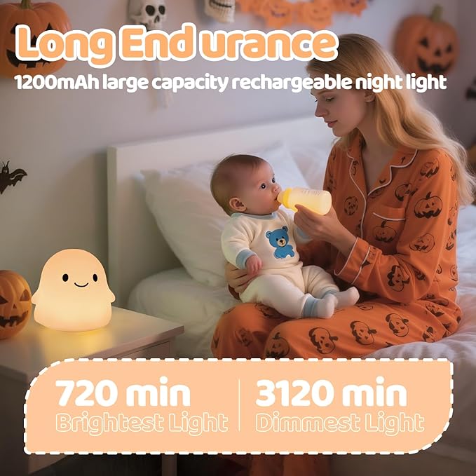 Rytinazzz Halloween Ghost Night Light, Color-Changing & 50-Hour Battery, Spooky-Cute Squishy Lamp for Kids, USB Rechargeable with Timer, Halloween Decor & Gifts