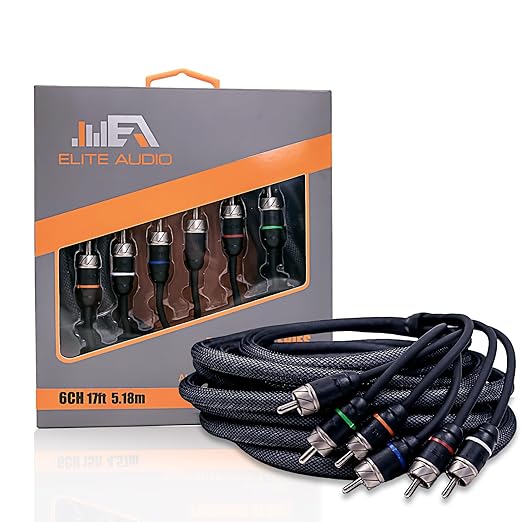 Elite Audio Premium Series 17ft. 6-Channel Car Audio RCA Cable – Double Shielded, Oxygen Free Copper, Noise Reducing Audio Cable for Amplifiers, Subwoofers, Speakers, and Processors – PRM617