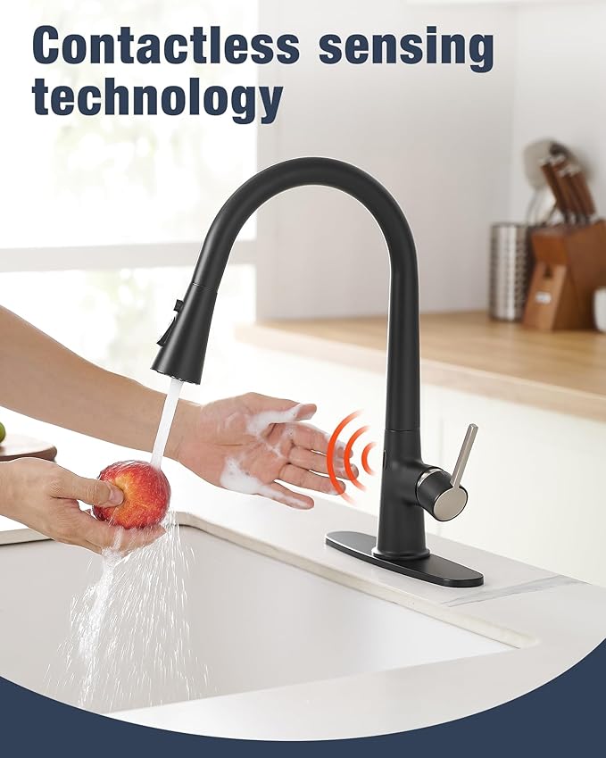 AIMADI Touchless Kitchen Faucet, Matte Black,Single Handle Pull-Down Sprayer,Deck Plate Included | Hands-Free Smart Motion Sensor Kitchen Sink Faucet, 3 Spray Modes, Fits 1 or 3 Hole Sinks