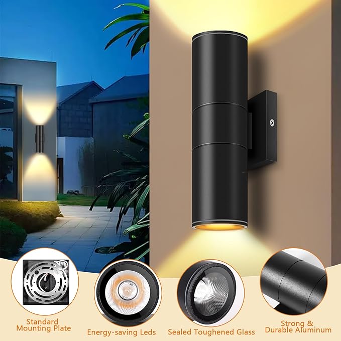 RIDALUX Outdoor Wall Sconce Porch Lights: 8 Pack Modern Aluminum Cylinder Up Down Lights - Exterior Light Fixture for House