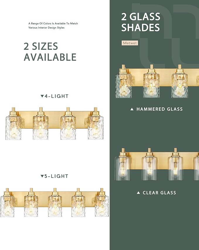 METWET 4-Light Bathroom Light Fixtures, 24.5 Inch Brushed Gold Vanity Lights with Clear Hammered Glass Cylinder Shade, Modern Vanity Lighting Fixture Over Mirror, VL198-BG-4