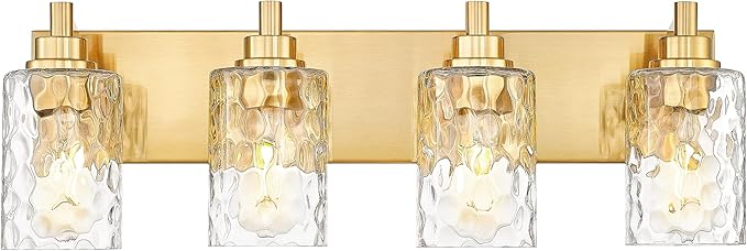 METWET 4-Light Bathroom Light Fixtures, 24.5 Inch Brushed Gold Vanity Lights with Clear Hammered Glass Cylinder Shade, Modern Vanity Lighting Fixture Over Mirror, VL198-BG-4