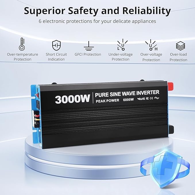 3000W Pure Sine Wave Inverter 1 USB Port 5v/2.1a,LCD Display&Remote Controller for Home, RV, Truck