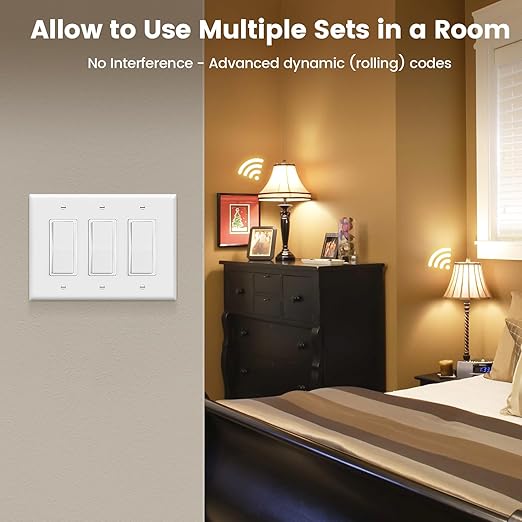 SURAIELEC 3 Way Wireless Light Switch, Remote Control Outlet, Decorator Rocker Wall Switch, 15 AMP, 100ft RF Range, No Wiring No WiFi, for Plug in Pendant Light, Lamp, Small Electrical Appliance