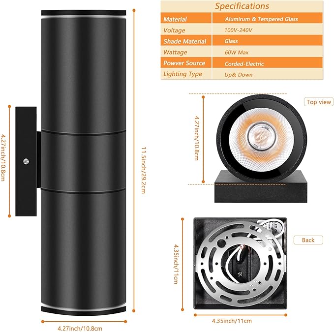 RIDALUX Outdoor Wall Light Fixtures Waterproof: Exterior Cylinder Fixtures Wall Sconce with LED Up Down - 12W Modern Aluminum Waterproof Light