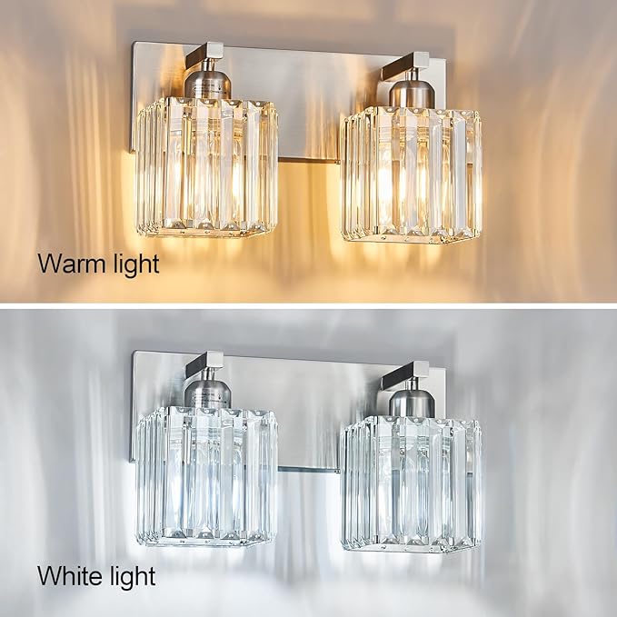FDPBY Modern Vanity Light 2-Lights Brushed Nickel Vanity Light Crystal Bathroom Wall Light Bathroom Light Fixtures