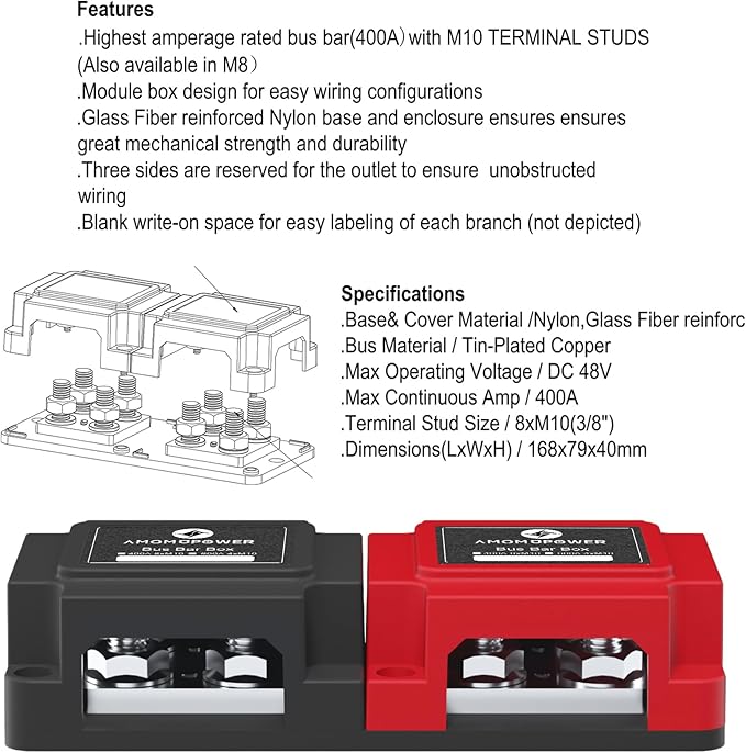 AMOMD Heavy Duty 400A 12-48V Tin-Plated Copper Block Bus Bar 8xM10(3/8") Studs Independent Modular Positive Negative Ground Battery Junction Block Buss Bar for Solar System Marine Truck Boat