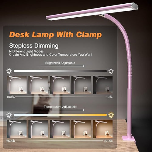Airlonv LED Desk Lamp for Office Home, Eye-Caring Desk Light with Stepless Dimming Adjustable Flexible Gooseneck, 10W USB Adapter Desk Lamp with Clamp for Reading, Study, Workbench (Pink)