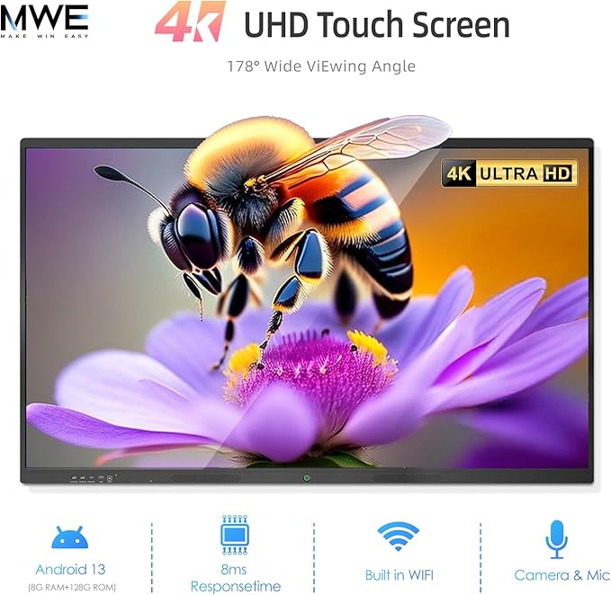 QIXZOCV 75" Smart Board, Interactive Whiteboard, 4K Electronic Board, UHD Touchscreen, Android 13, 8+128G, All in One Smartboard for Classroom Office Home (Wall Mount Included)