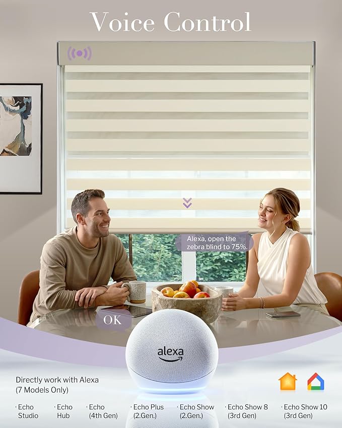 Graywind Smart Dual Shades Compatible with Alexa Google Homepod Motorized Double Zebra Blinds Matter Solar Powered, Custom Size (Beige)
