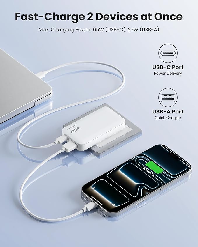 65W Ultra-Thin Foldable Charging Plug USB-C, Portable Mobile Phone and Laptop Charger, USB-C Wall Multi-Port Charger Outlet Suitable for iPhone 15/16/17 Series and Samsung Galaxy Series Models