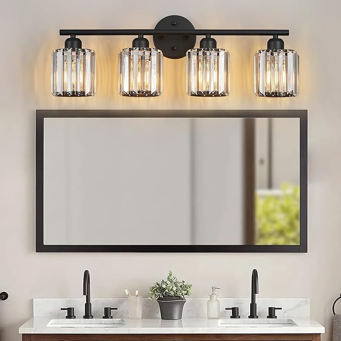FDPBY Modern 4 Light Crystal Vanity Light, Black Vertical Bathroom Light Fixture Over Mirror for Dressing Table Sink, Compatible with Dimmable Bulbs (Bulbs Not Included)