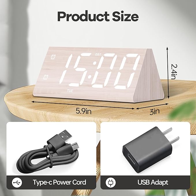 Digital Alarm Clock, with Wooden Electronic LED Time Display, 3 Alarm Settings, Humidity & Temperature Detect, Wood Made Electric Clocks for Bedroom, Bedside, Desk (White-Big Bold)