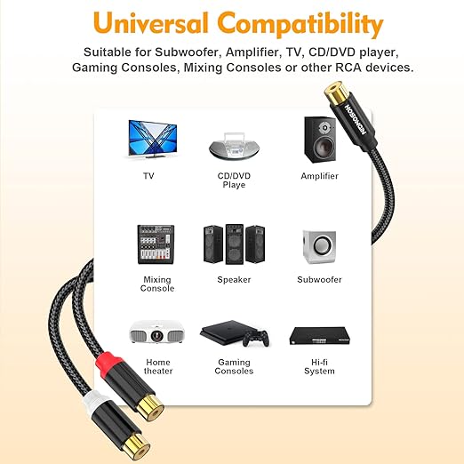 HOSONGIN RCA Splitter 1 Female to 2 Female Audio Cable (2 Pack), 24K Gold-Plated Plug, Cotton Braided Jacket, Dual Shielded Y Splitter Adapter for Amplifiers, TV, Home Theater, Hi-Fi Systems -12 inch
