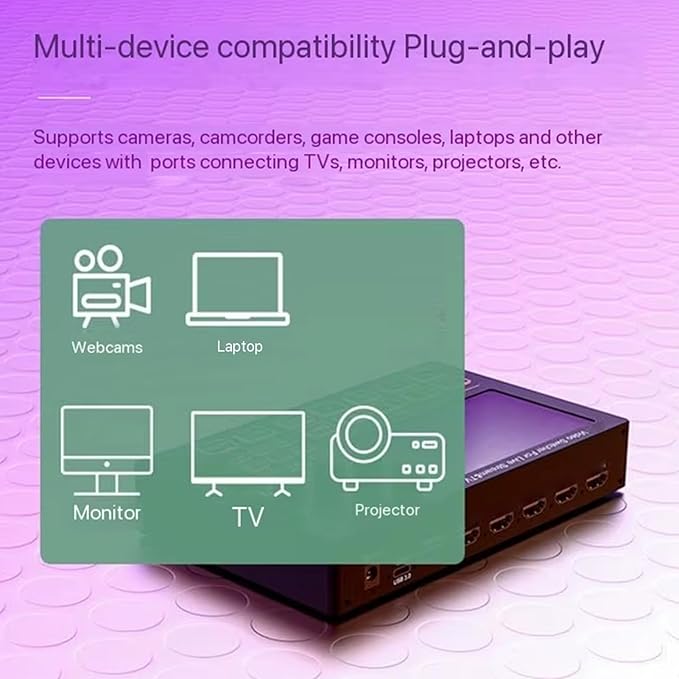 Yunseity 1080P Video Switcher, 5 Inch Screen 4 Channel HD Multimedia Interface Live Stream Switcher with Real Time Multi View and PTZ Control, for Multi Camera Streaming Online (US Plug)