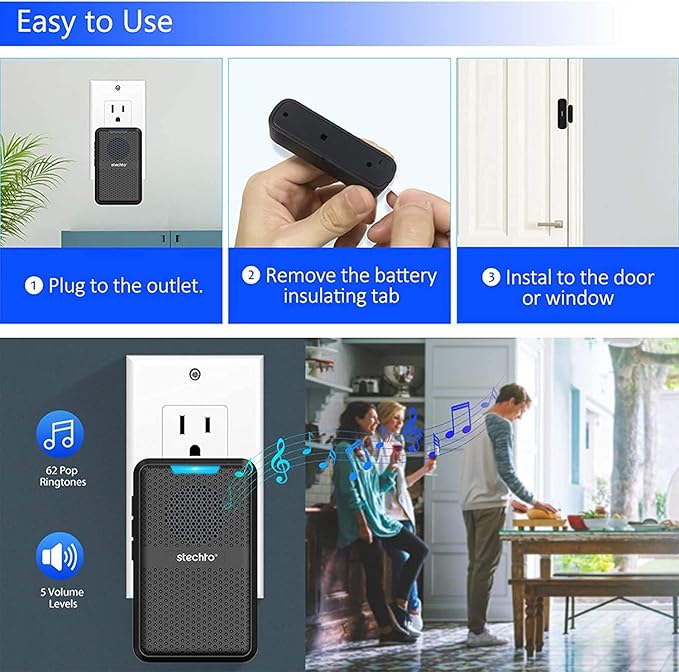 Stechro Door Chime, Wireless Door Open Contact Sensor Alarm with 600ft Range, 62 Chimes 5 Adjustable Volumes for Business/Home/Office/Stores (2 Receivers+3Sensors)