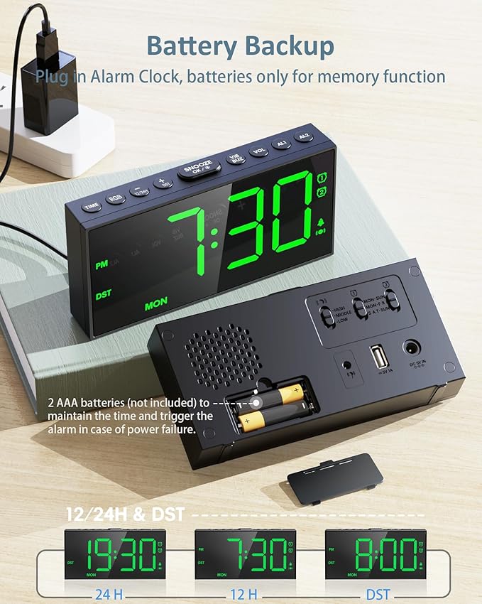 Loud Alarm Clock for Heavy Sleepers,RGB Vibrating Alarm Clock with Bed Shaker,3-level Vibrator,Dual Alarms,Weekday/Weekend,Dimmer,Volume,USB Phone Charger,Snooze,Plug in Clock with Memory Function