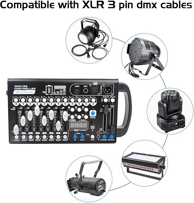 Battery Dmx Controller with Midi, Portable Dmx Controller for Moving Head Lights, Dmx 192 Controller Lighting Console, Dmx512 Controller with Built-in Battery