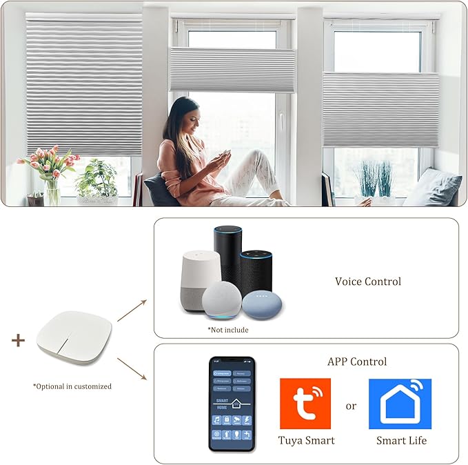 LEXEN Smart Top Down Bottom Up Honeycomb Shades WiFi Enabled Motorized Cellular Blinds Compatible with Alexa/Google Home Double Cellular Fabric Blackout Insulated Custom Sizes-Black