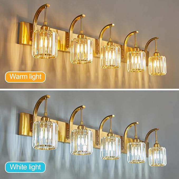 FDPBY 5-Light Crystal Vanity Light, Modern Gold Bathroom Wall Sconce with K9 Crystal Shades, 42.51" Long Over Mirror Lighting for Vanity, Makeup, Hallway, Elegant & Easy Installation