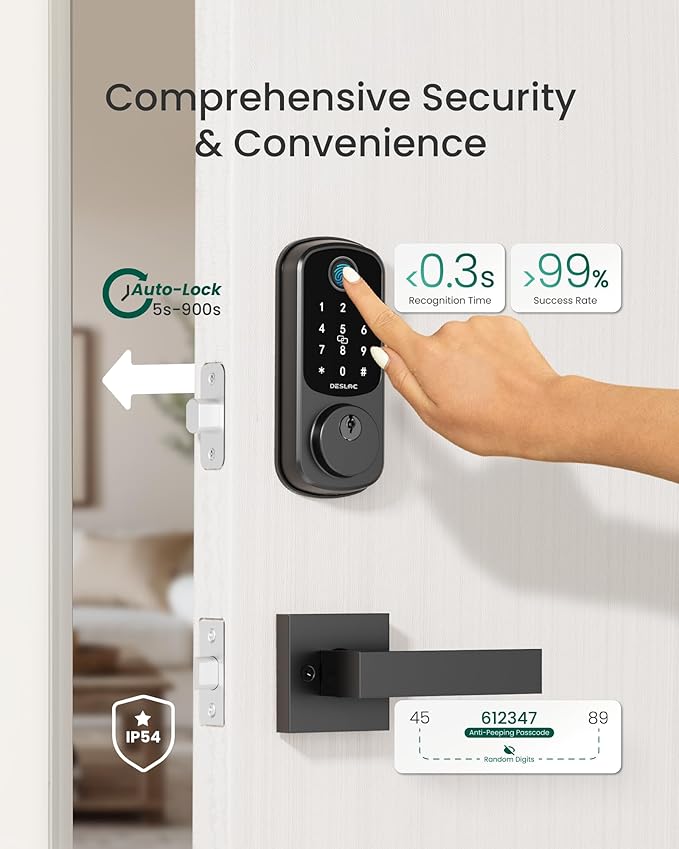 DESLOC B200 Fingerprint Smart Lock with 2 Lever Handles, Keyless Entry Front Door Lock Set, Electronic Keypad Deadbolt, App Control, Auto Lock, Long Battery Life, Secure Home Access