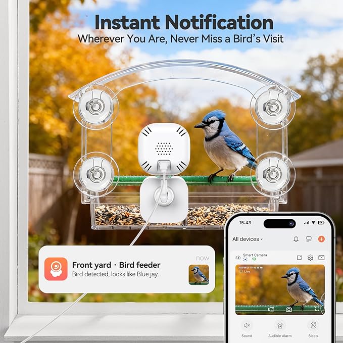 Dzees Smart Window Bird Feeder with Camera, Clear 2K HD Camera with AI Bird Identifier, Live Stream & Auto-Capture, Easy Suction Cup Installation, Perfect Tech Gift for Nature Lovers