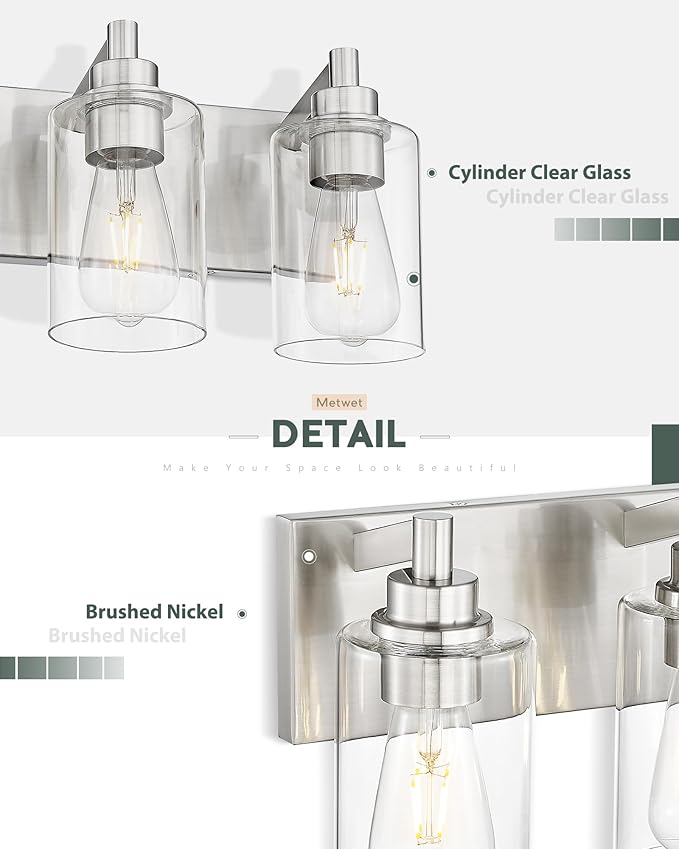 METWET 3-Light Bathroom Light Fixtures, Brushed Nickel Vanity Light with Cylinder Clear Glass Shade, Modern Vanity Lighting Fixtures Over Mirror, VL143-BN-3