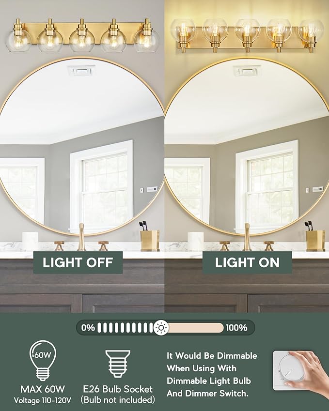 METWET Bathroom Light Fixtures, 5 Light Brushed Gold Vanity Light, 32 Inch Modern Wall Sconces with Globe Clear Glass Shade, Vanity Lighting Fixtures Over Mirror, VL195-BG-CL-5