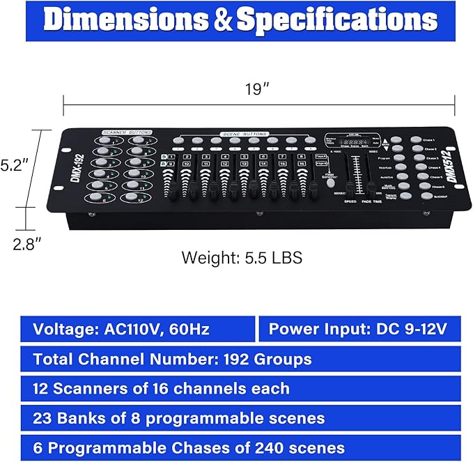 TCFUNDY DMX 512 Controller, 192 Channel DMX Light Controller Stage Lighting Console for Party DJ Disco Lights Show Night Club