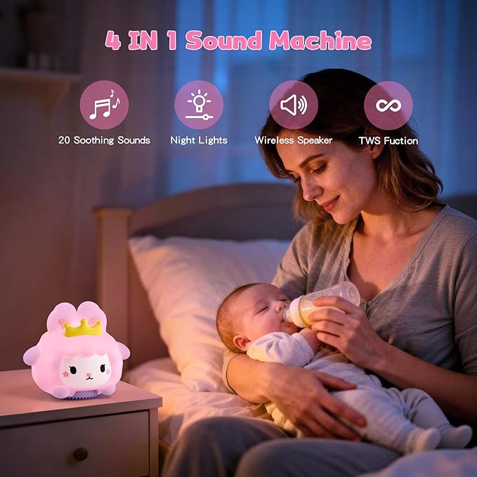 Baby Sound Machine, 20 Soothing Sounds White Nosie for Sleeping, Rechargeable Night Light with Speaker, 3 Brightness Levels Remote and Tap Control, Nursey Lamp for Baby, Kids Bed Room (Bunny)