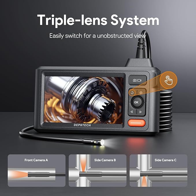 DEPSTECH Inspection Endoscope Camera with Lights: 1080P Triple Lens Snake Camera with 5" Screen and 16.5FT Flexible Cable, Waterproof Industrial Borescope Tool for Auto, Wall, Sewer, Pipe, Mechanics