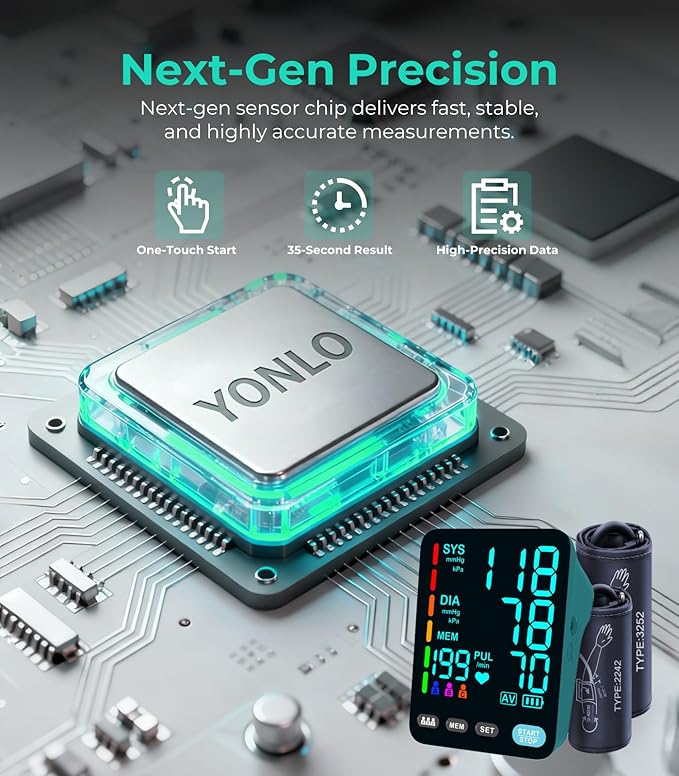 YONLO Blood Pressure Monitor, Automatic Upper Arm Blood Pressure Monitors for Home Use, 2 Blood Pressure Machine Cuff(9-17in & 13-21in) with Large LED Backlit Display, 3x199 Reading Memory Users Green