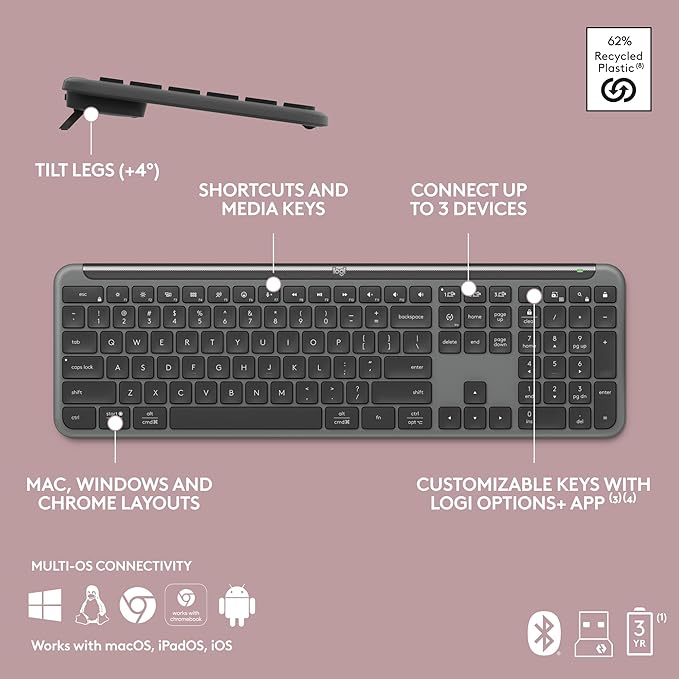 Logitech MK955 Signature Slim Wireless Keyboard and Mouse Combo, for Larger Hands, Quiet Typing and Clicking, Switch Across Three Devices, Bluetooth, Multi-OS, for Windows and Mac